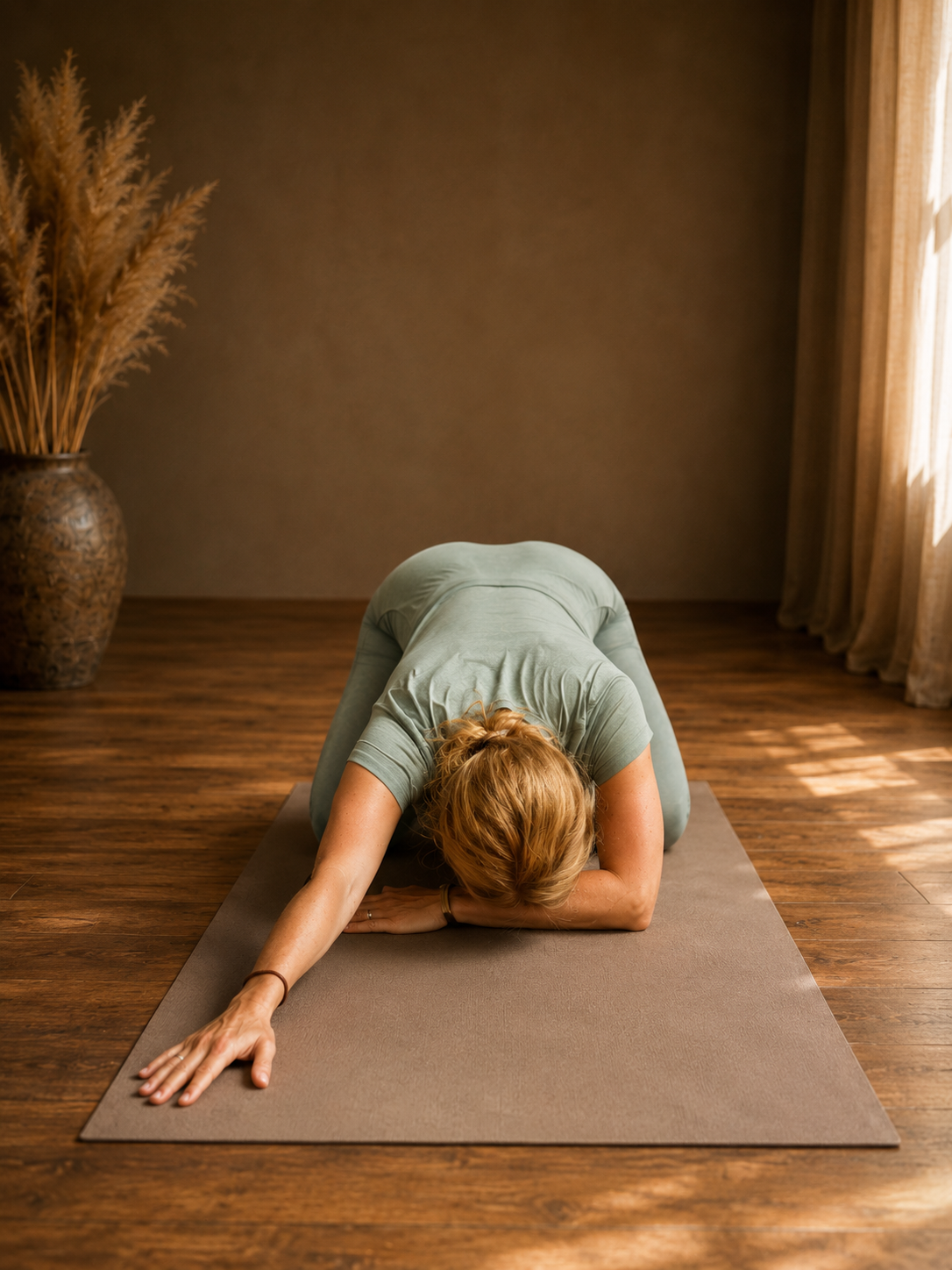 Ilse-Marie Sobering in kindhouding tijdens een Yin Yoga practice, warme lichtinval in een rustige ruimte