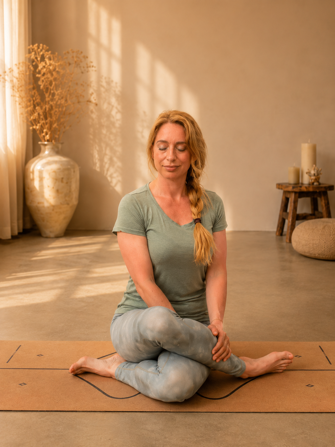Ilse-Marie Sobering met de ogen gesloten, rustig en aandachtig aanwezig bij zichzelf tijdens Yin Yoga