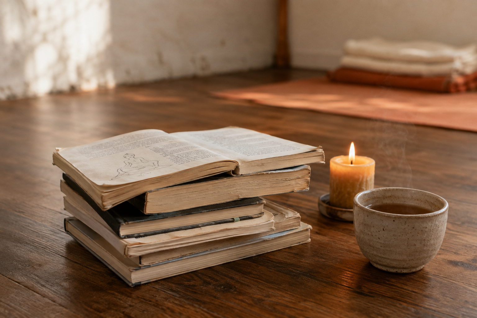 Opengeslagen oud boek met een gedroogd takje, sfeerbeeld voor bronnen en aanbevolen literatuur over Yin Yoga