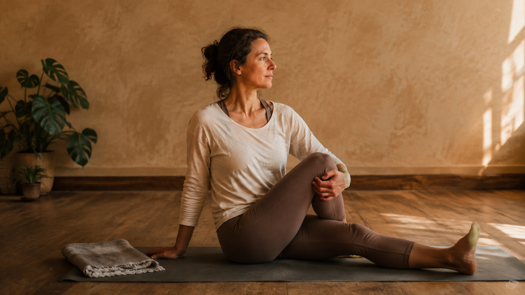 Vrouw met hypermobiliteit in rustige yogahouding, aandachtig naar buiten kijkend
