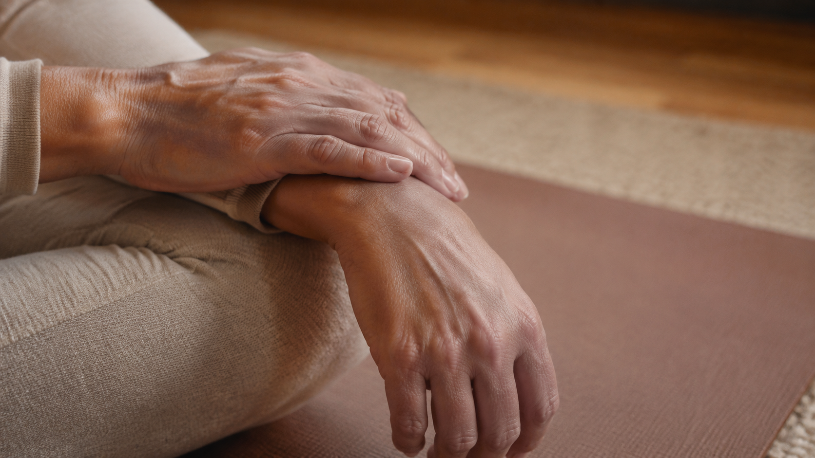 Close-up van handen en polsen tijdens yin yoga, relevant bij hypermobiliteit