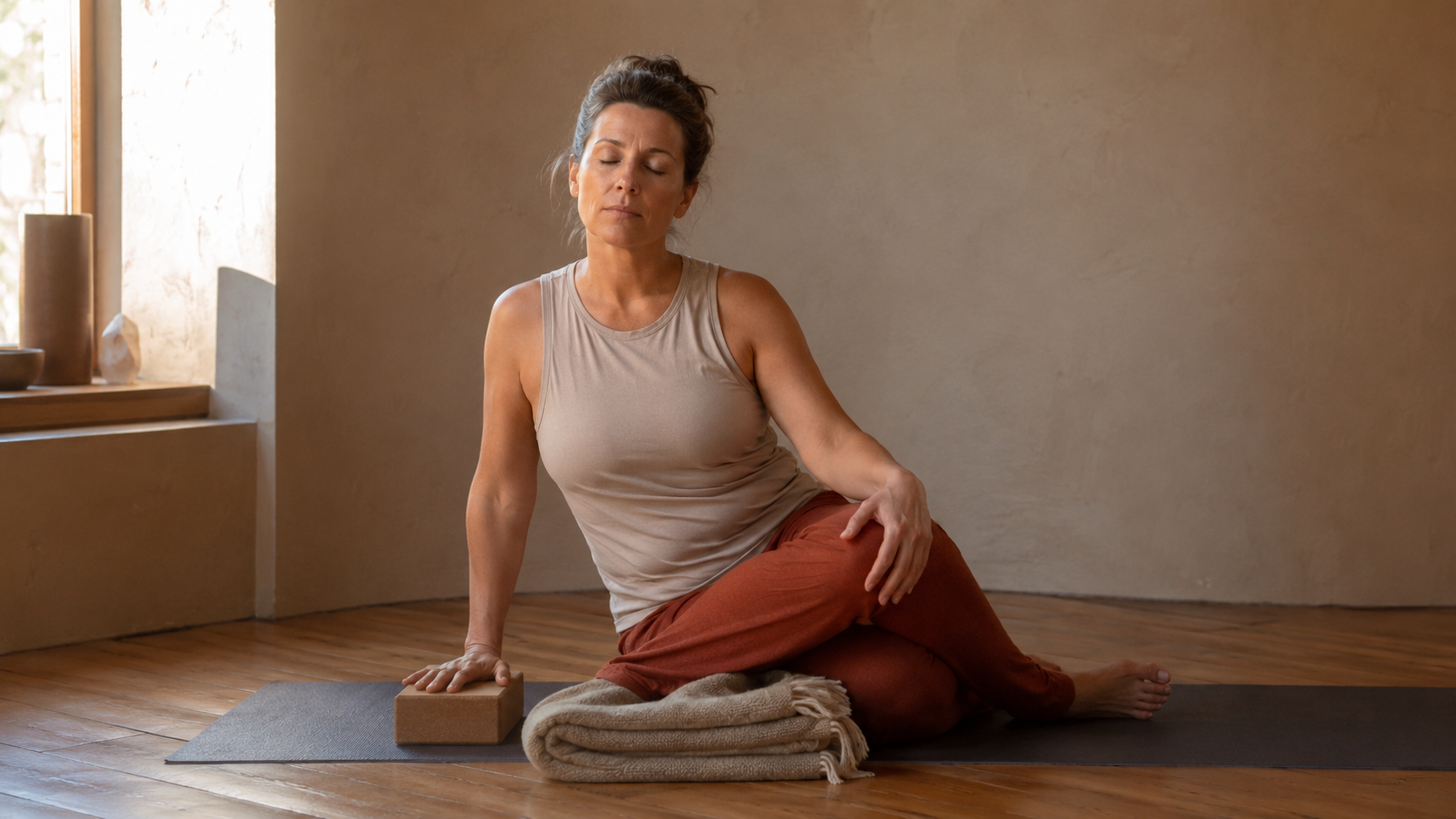 Yin yoga houding met yogablok en deken, ogen dicht, aangepast voor hypermobiliteit
